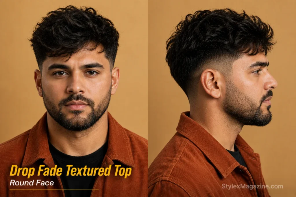 Drop fade with textured top on round face showing curved fade behind ear