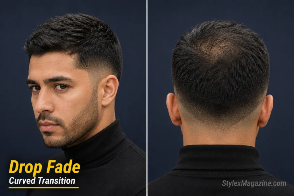 Drop fade on a man with thinning hair showing the curved fade line dropping behind the ear