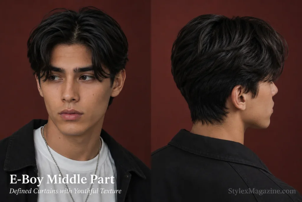 Young man wearing a defined E-Boy middle part with lightly textured curtain fringe.