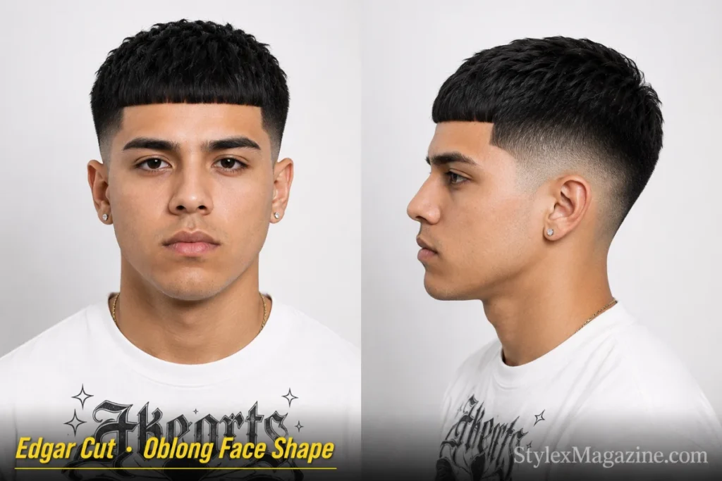 Edgar cut on a man with oblong face shape, blunt horizontal fringe cut straight across, low mid fade, sharp finish