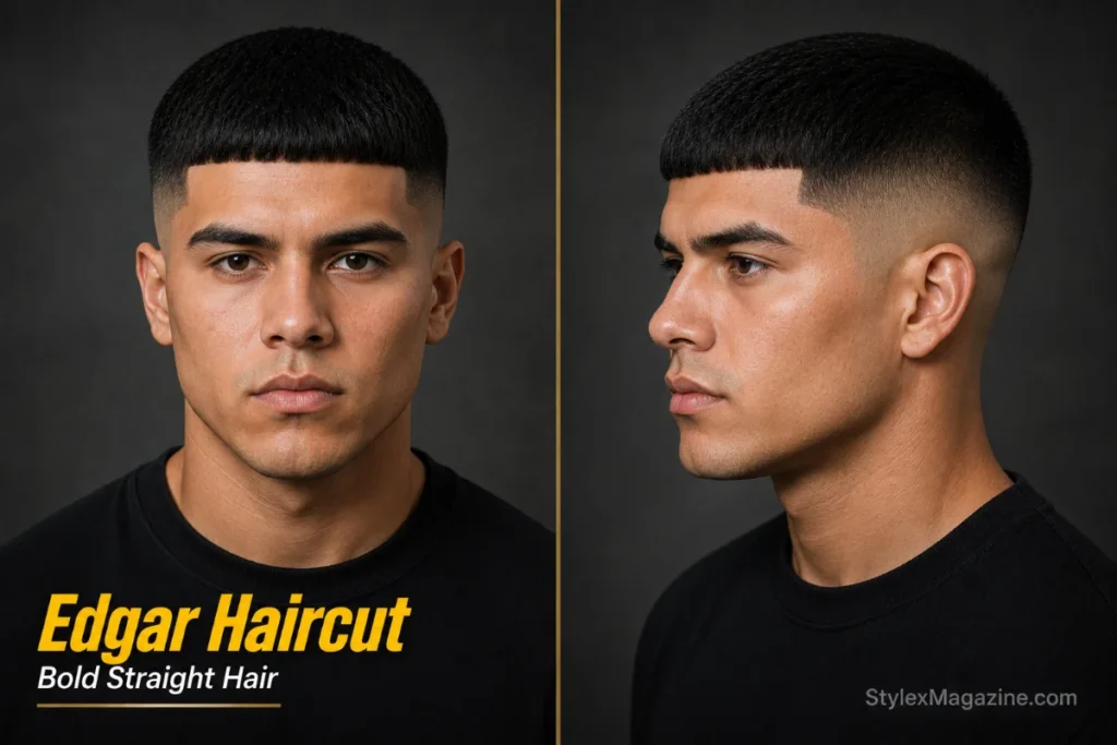 Edgar haircut for men with straight hair featuring a blunt fringe and high skin fade.