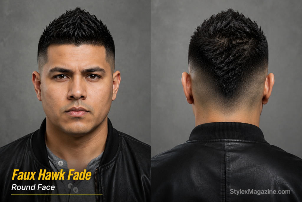 Faux hawk fade on round face showing center volume ridge with high fade sides
Caption: Faux Hawk Fade