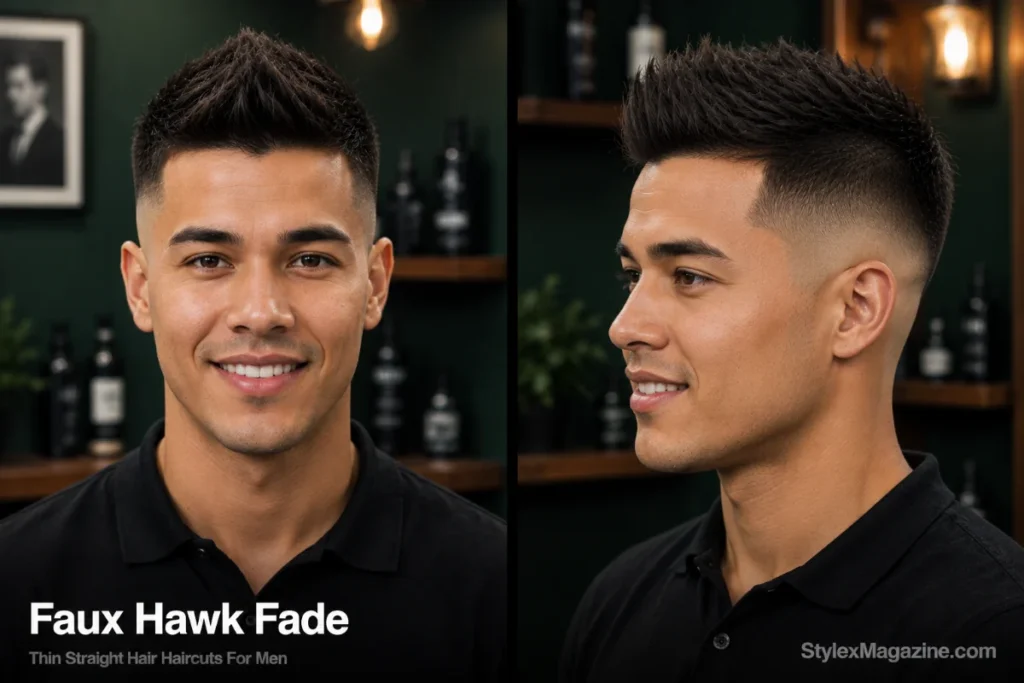 Man with thin straight hair styled as a faux hawk with a spiked centre strip and high fade on the sides.