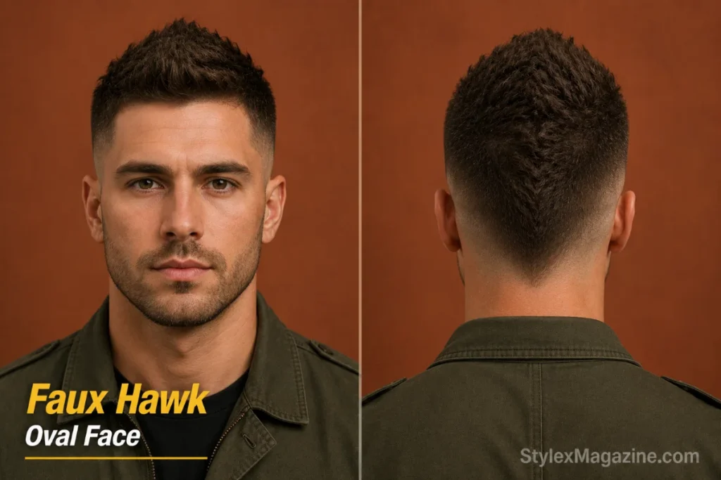 Faux hawk on oval face showing moderate center volume strip with mid to high fade sides
