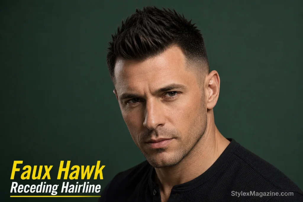 Faux hawk on receding hairline showing central ridge pulling eye to midline away from receding temples