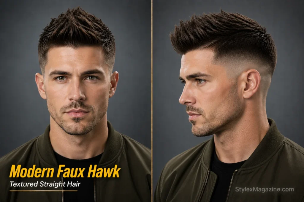 Faux hawk hairstyle for men with straight hair featuring a textured center ridge and faded sides.