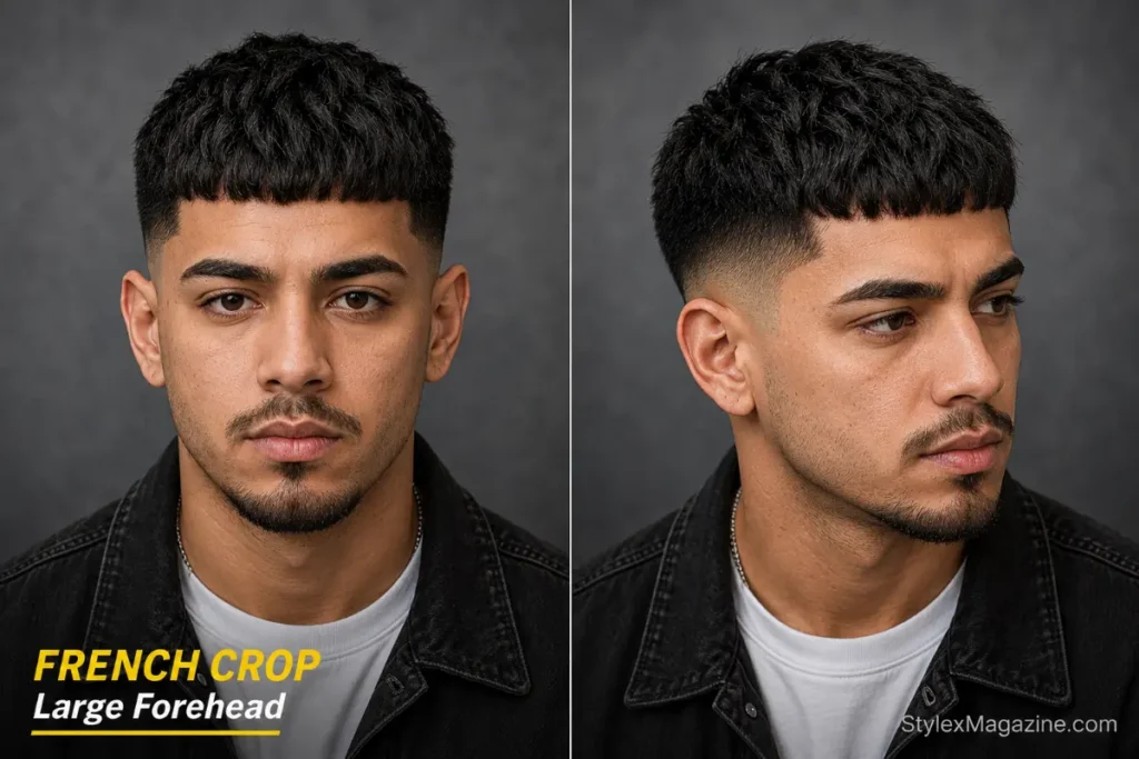 French crop haircut with fringe for men with a large forehead, front and side view