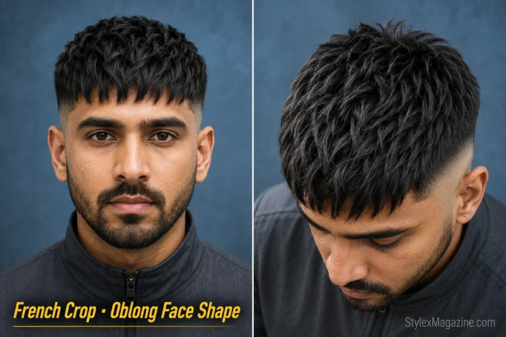 French crop on a man with oblong face shape, piece-y textured fringe, low fade, matte finish