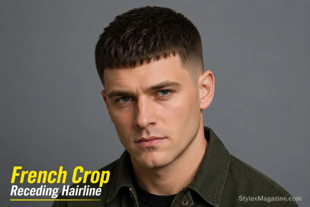 French crop on receding hairline showing heavier blunt fringe sitting across the forehead hiding the M-shape