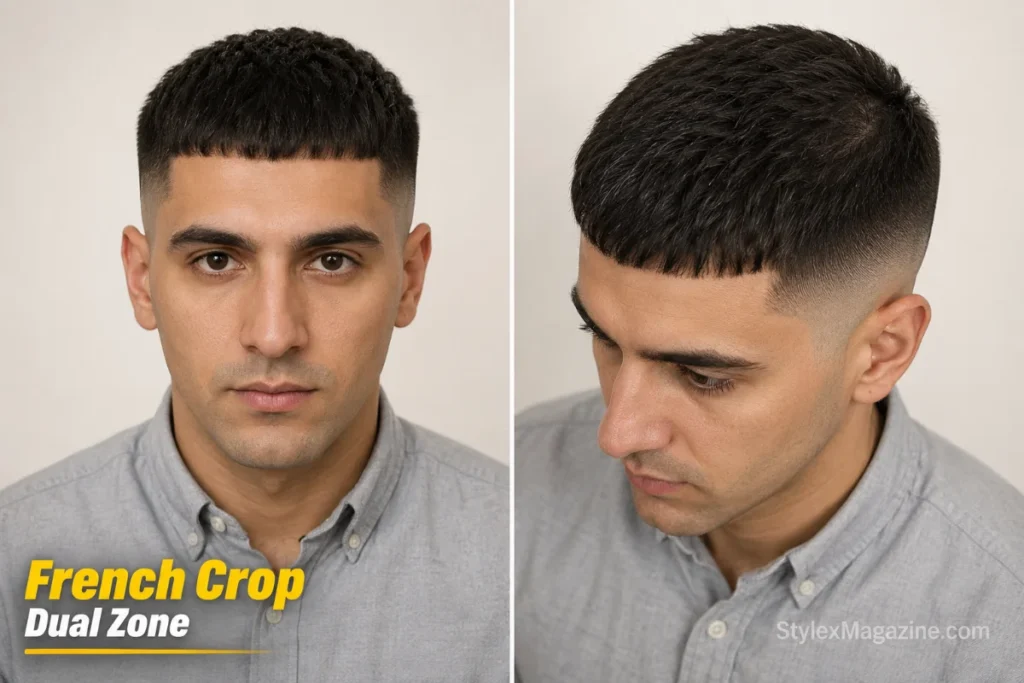 French crop with blunt fringe on a balding man where recession is meeting crown hair loss