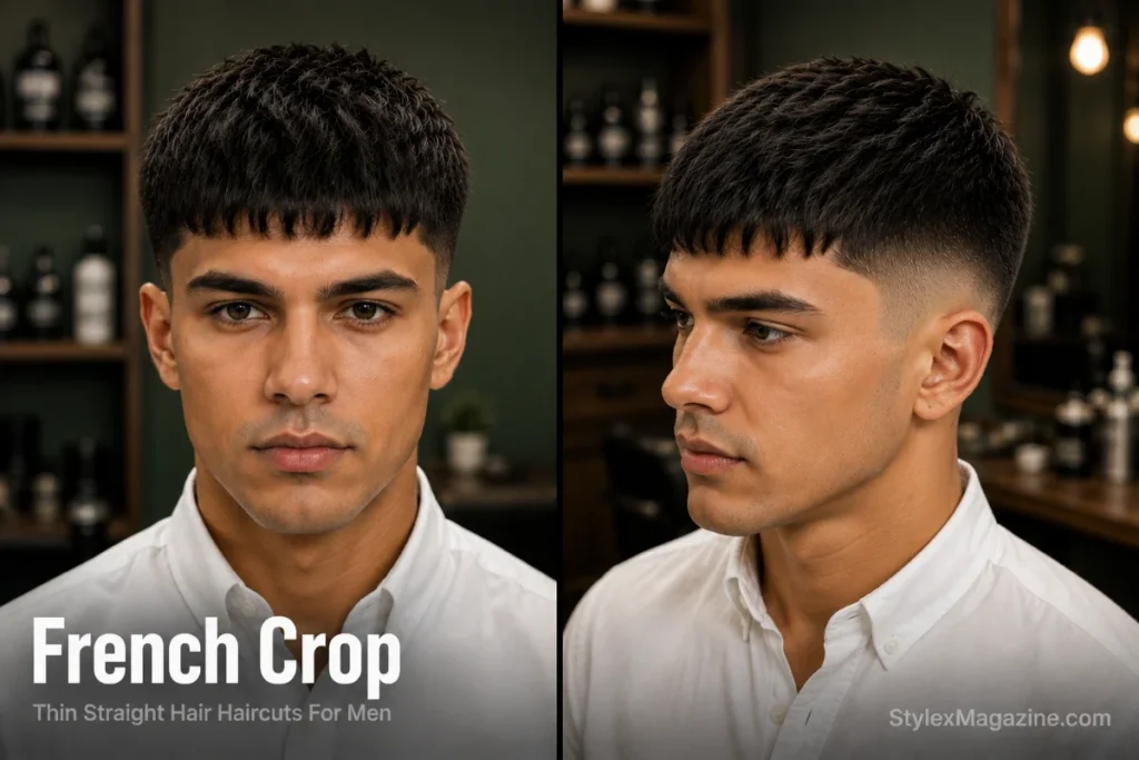 Man with thin straight hair wearing a French crop with a blunt forward fringe and tapered sides in a premium modern barbershop