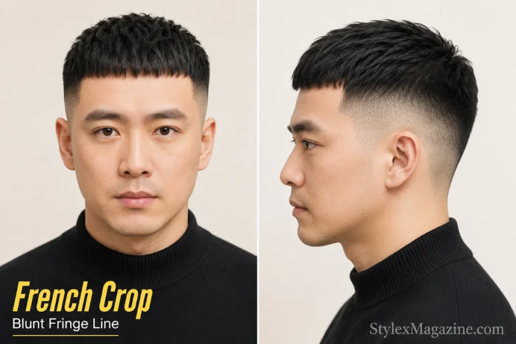 French crop with blunt horizontal fringe on a man with thinning hair