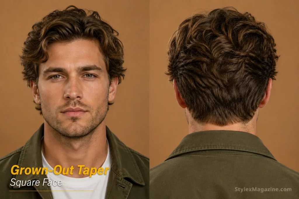 Grown-out taper on square face showing longer textured top with gradual taper softening angular edges