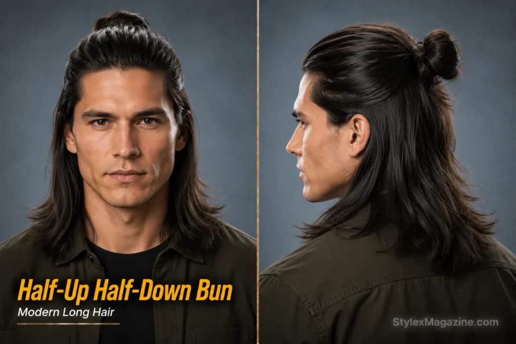 Half up half down bun hairstyle for men with straight hair featuring tied top section and loose length.
