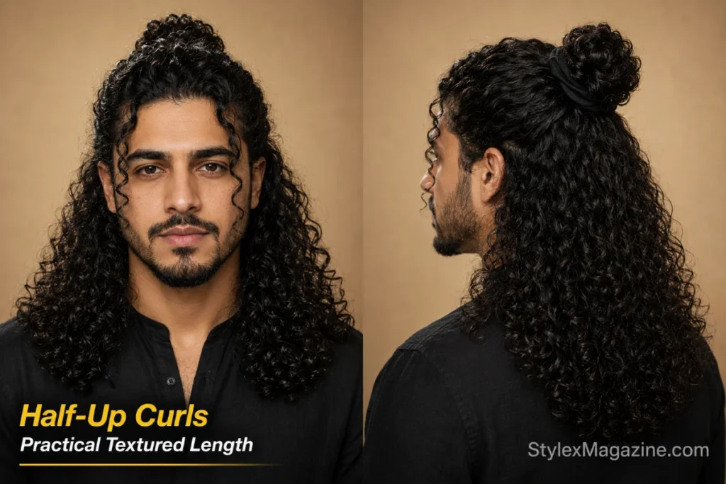 Man with the upper half of his long curly hair tied into a small bun while the remaining curls fall loose
