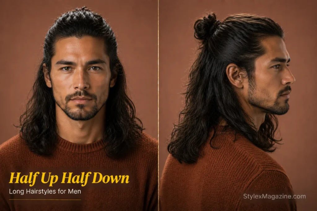 Half up half down hairstyle for men featuring the upper section tied back while the remaining hair flows naturally.