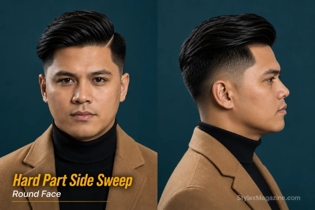 Hard part with side sweep on round face showing razor-shaved line with volume swept to side