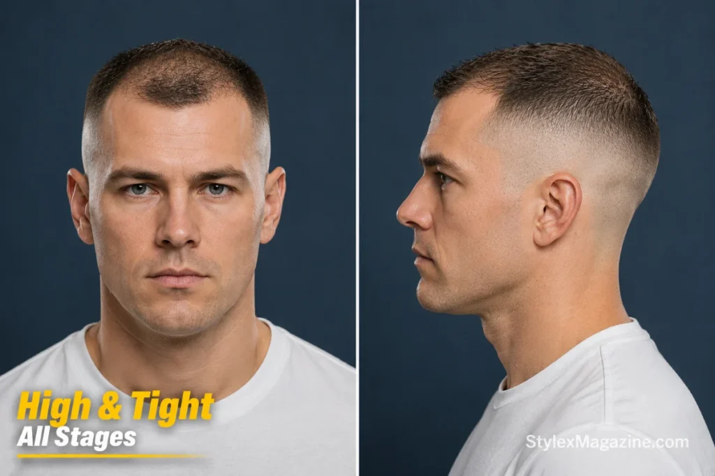 High and tight military haircut on a balding man with skin fade sides and short top