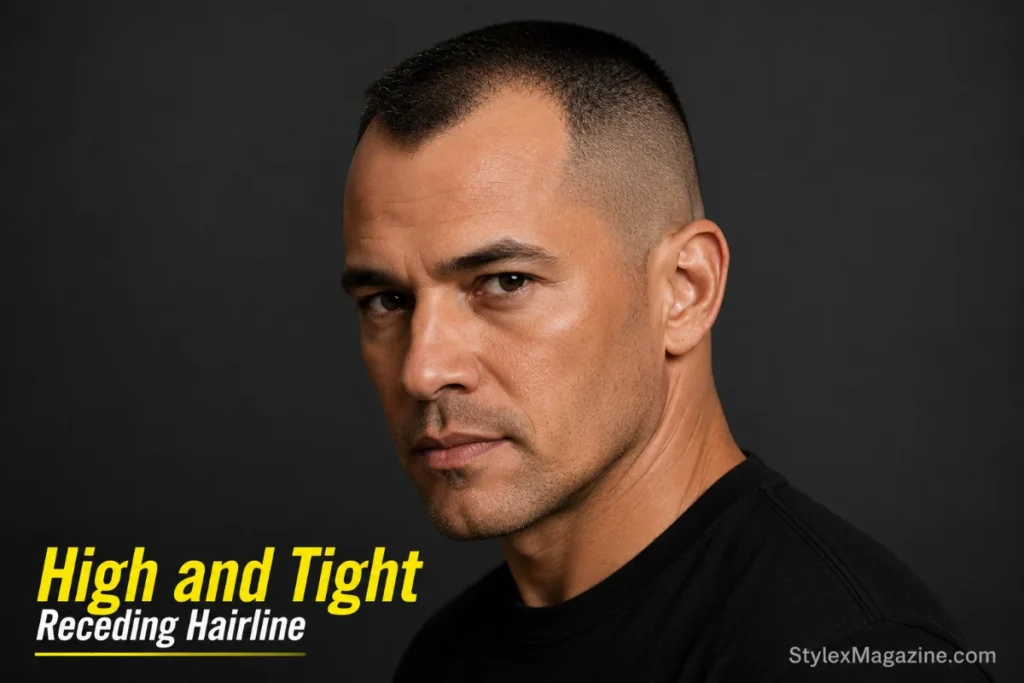 High and tight on receding hairline showing clipped tight sides making the short top look intentional