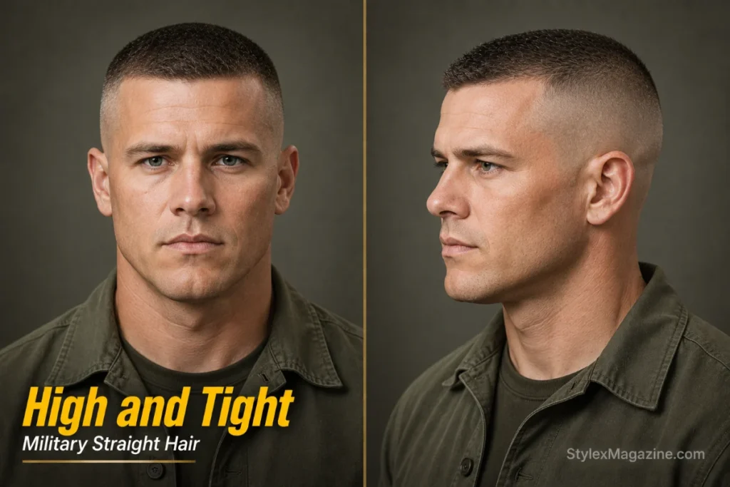 High and Tight haircut for straight hair with shaved sides and short textured top.