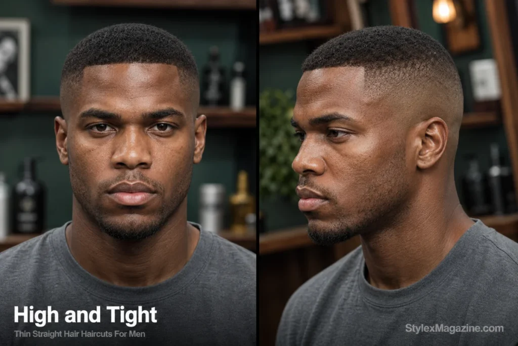 Man with thin straight hair styled in a high and tight with a very short top and shaved sides