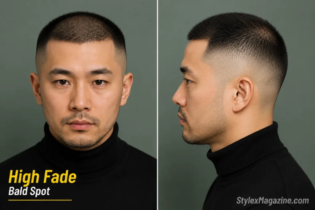 High fade on a balding man with a bald spot showing the fade starting high on the temples