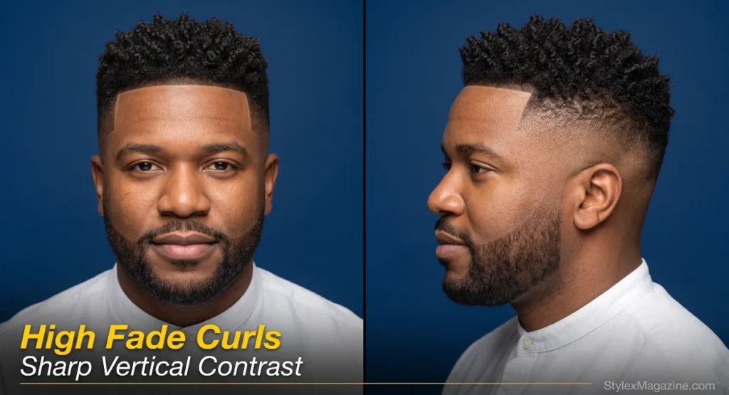 Man with sponge-defined short coils, a sharp line-up and a high fade beginning above the temples