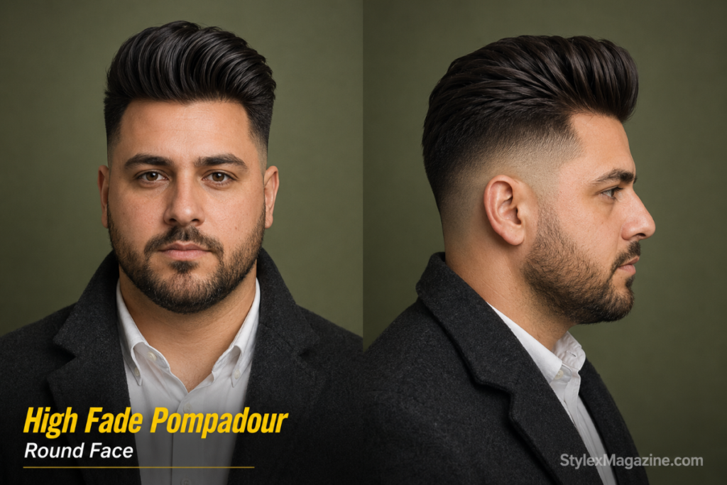 High fade with pompadour on round face shape adding vertical height above ear level
Caption: High Fade with Pompadour