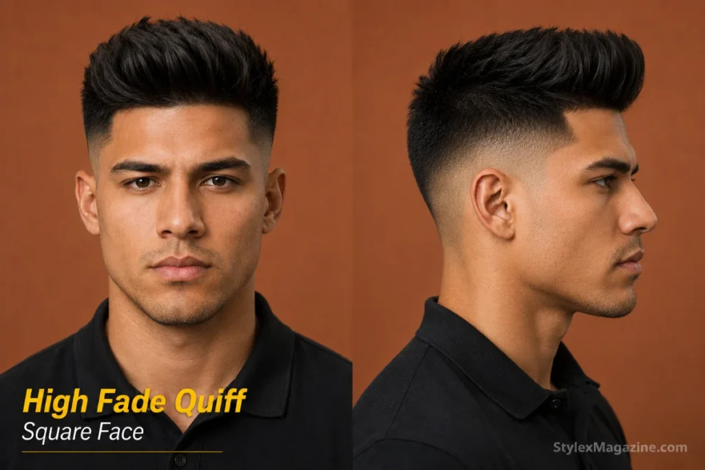 High fade with quiff on square face showing upward volume adding height above angular jawline