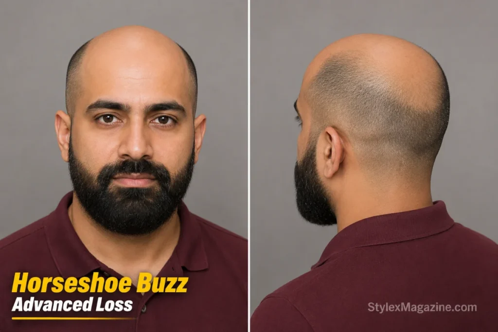Horseshoe buzz on a man with advanced balding showing remaining side hair buzzed short