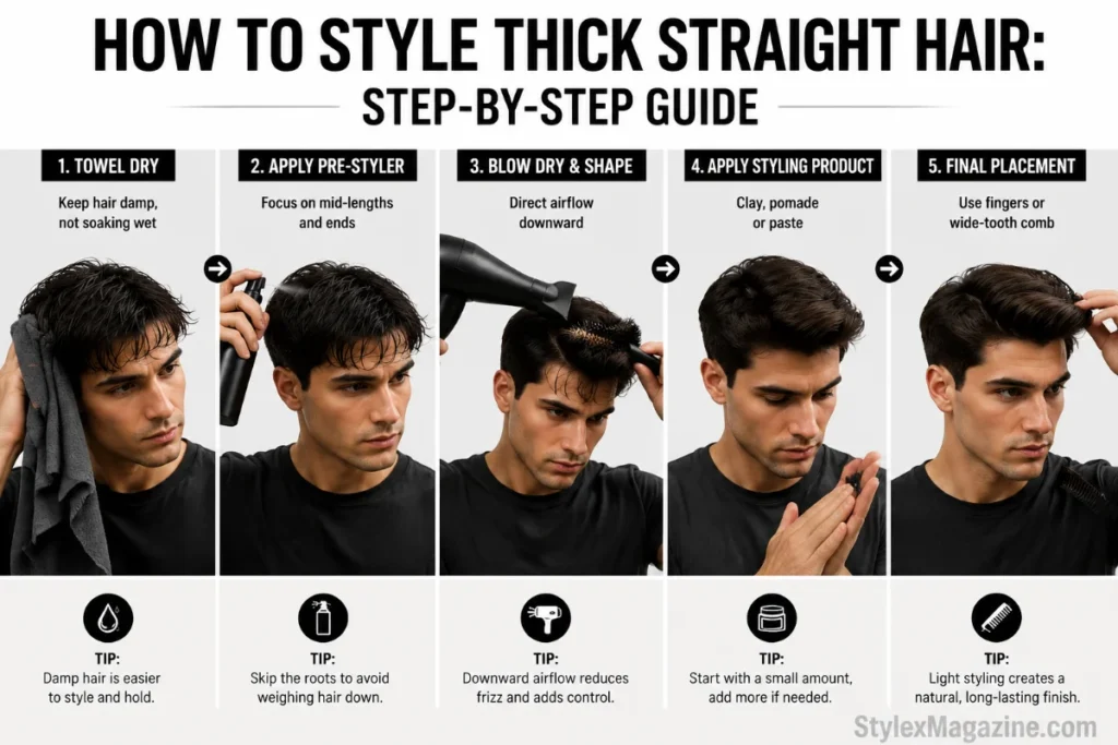 Step by step guide showing how to style thick straight hair with blow dryer brush and styling product