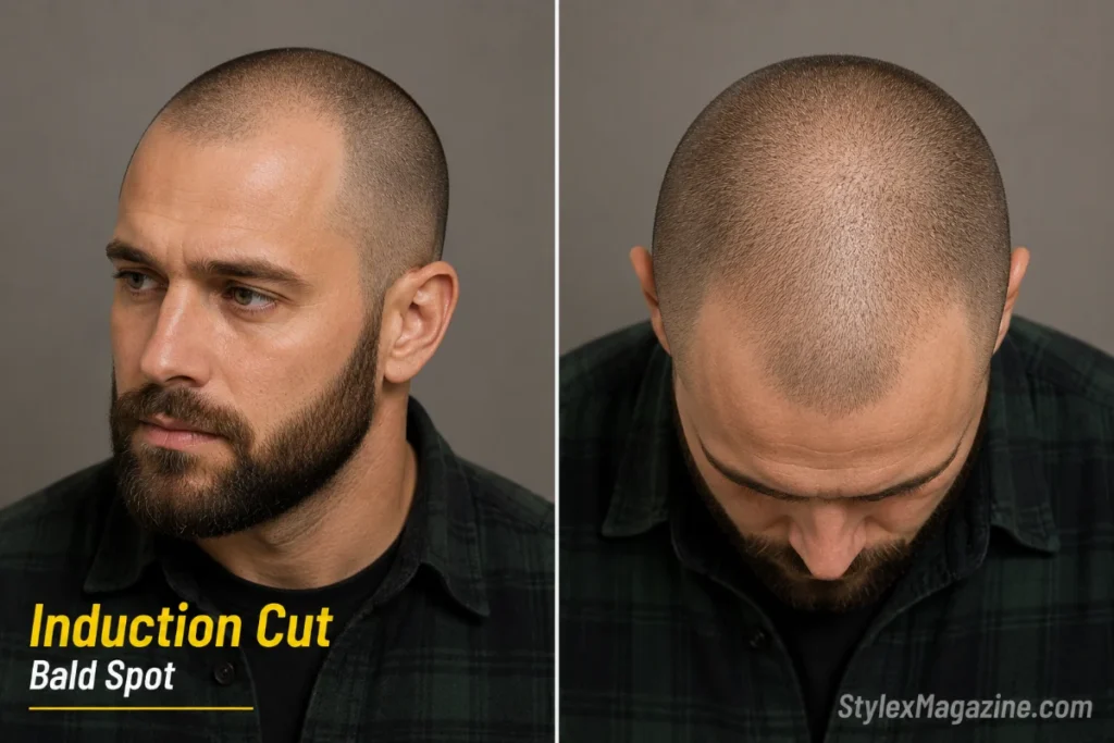 Induction cut at shadow length on a balding man with advanced bald spot showing near-shaved head