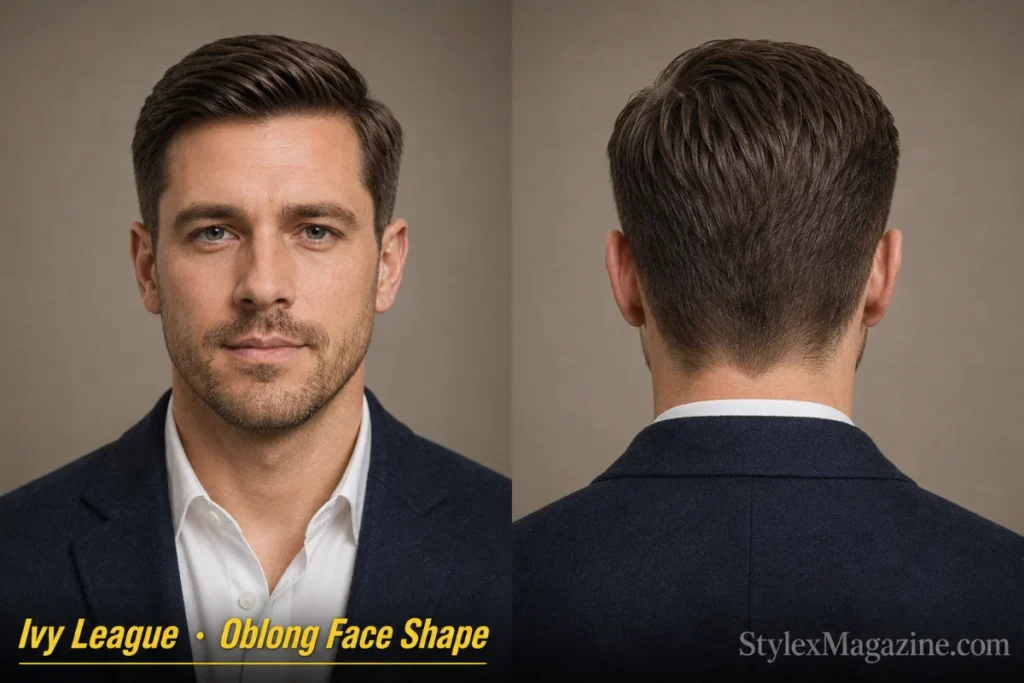 Ivy League haircut on a man with oblong face shape, scissor taper sides, 2 inches on top swept to side