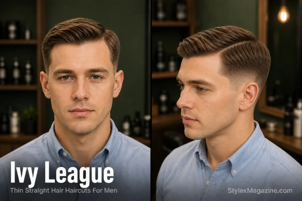 Man with thin straight hair wearing an Ivy League haircut with a classic side part and tapered sides in a premium modern barbershop