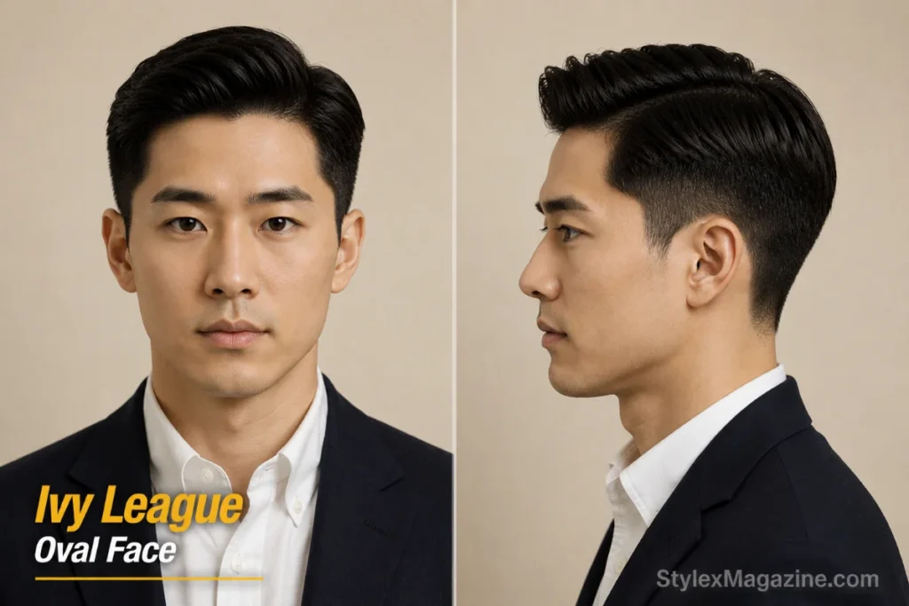 Ivy League on oval face showing 2 to 3 inches on top with scissor-tapered sides and subtle side part
