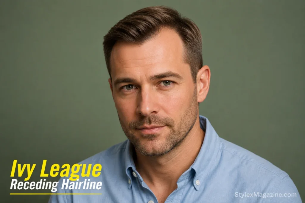 Ivy League on receding hairline showing enough top length for a side sweep covering the temple recession