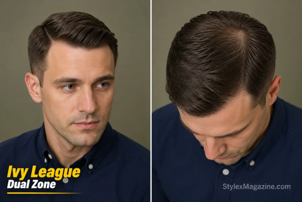 Ivy League with side part on a balding man where recession is meeting crown loss