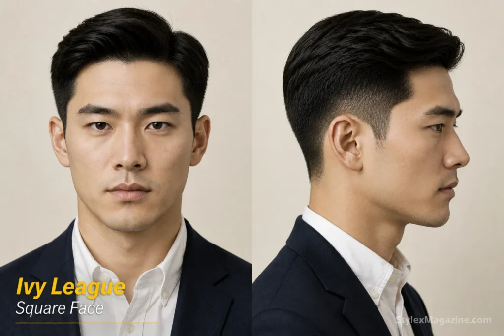 Ivy League on square face showing scissor-tapered sides with subtle side part professional finish