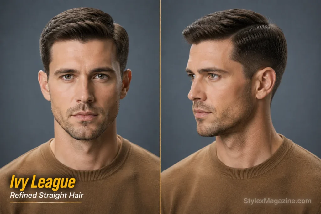 Ivy League haircut for men with straight hair featuring side part and tapered sides.