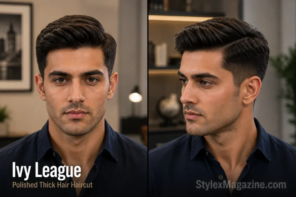 Ivy League haircut with side styling for men with thick straight hair