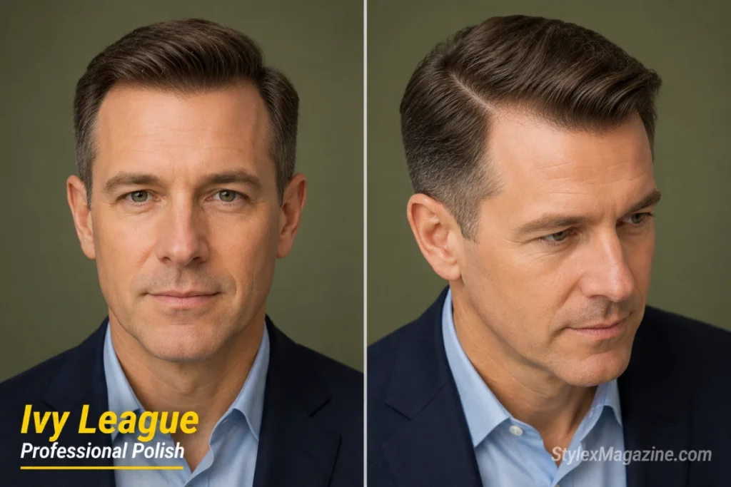 Ivy League haircut with side part on a man with thinning hair showing a clean professional style