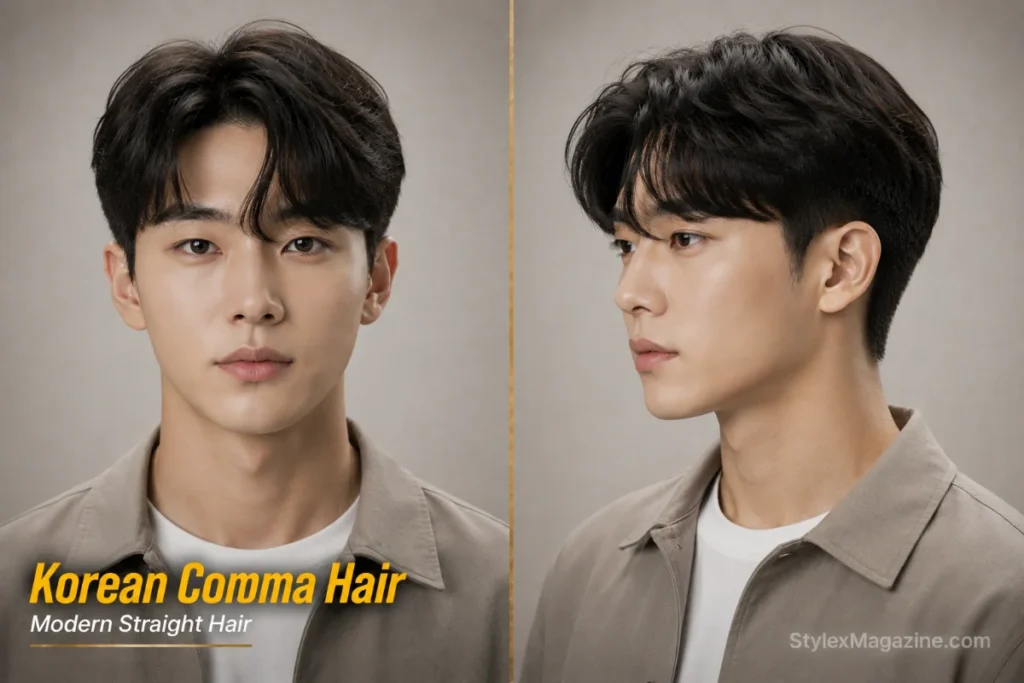Korean comma hairstyle for men with straight hair featuring a curved fringe and soft two block structure.