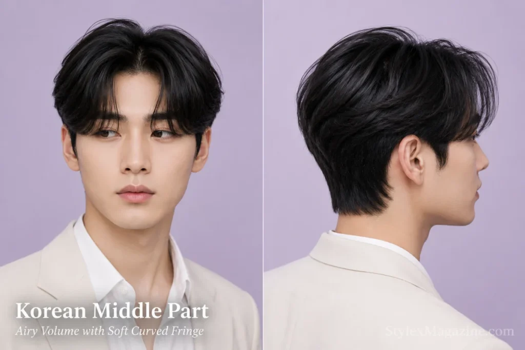 Korean man with an airy middle part, softly curved fringe ends and lifted crown volume.