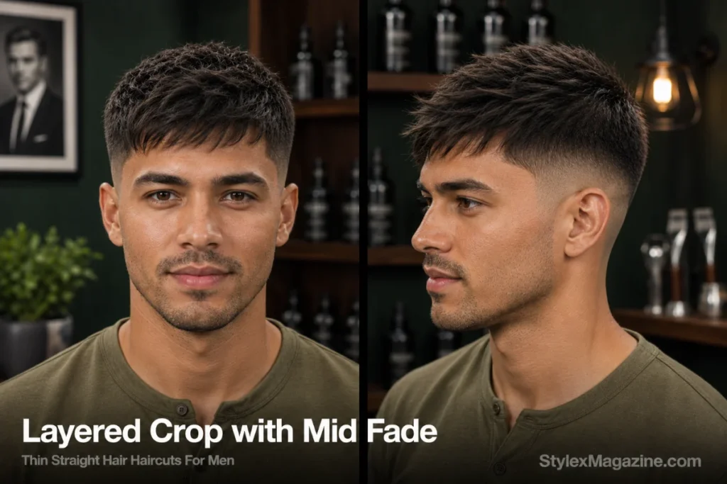 Man with thin straight hair styled as a layered crop featuring multiple short layers and a clean mid fade.