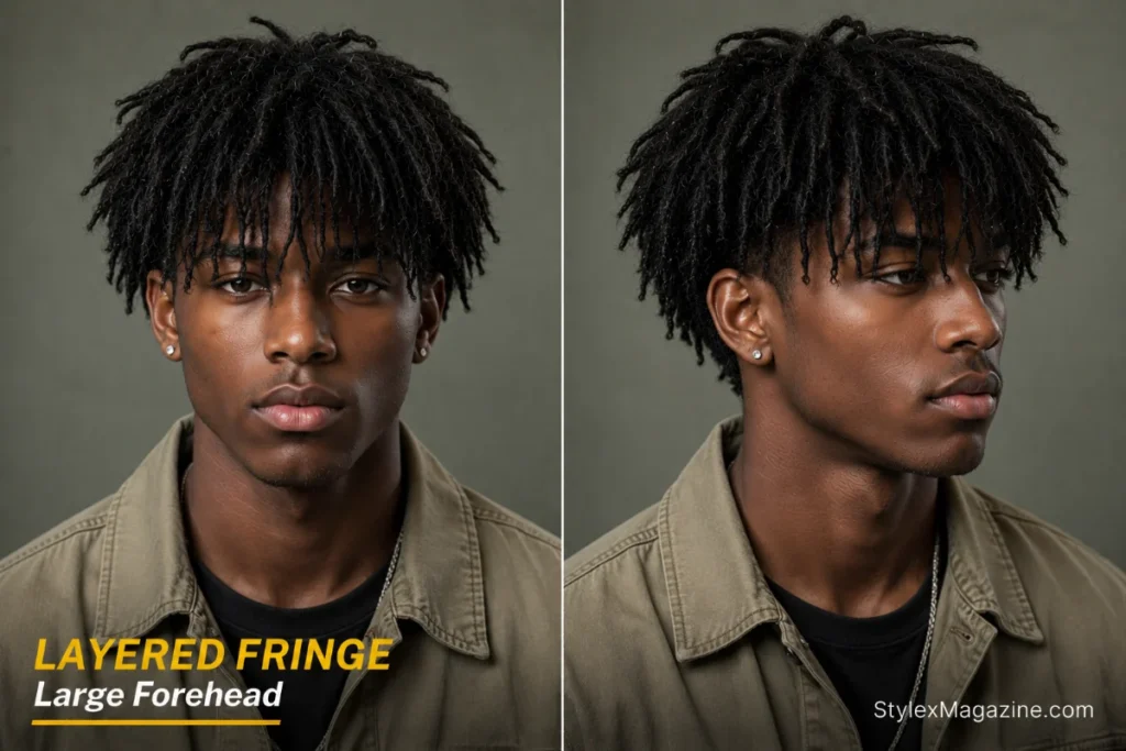 Layered fringe haircut for men with a large forehead, front and side view