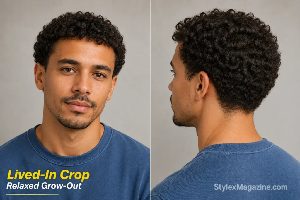 Man with an evenly cut short curly crop, relaxed natural movement and no visible fade