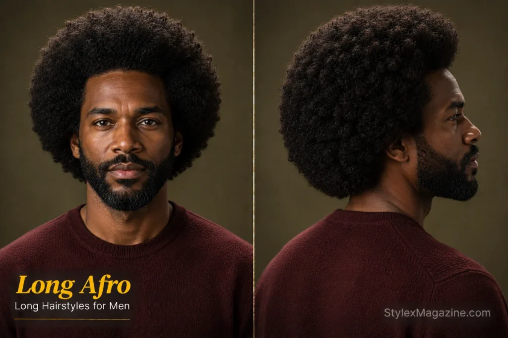 Long Afro hairstyle for men featuring a full rounded shape with healthy natural coils and balanced volume.