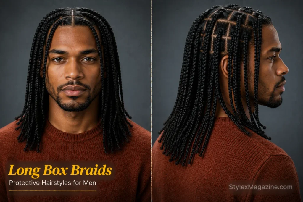 Long box braids hairstyle for men featuring evenly sized individual braids with clean square sections.