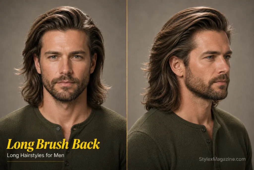 Long brush back hairstyle for men featuring voluminous brushed-back hair with natural movement and a matte finish.
