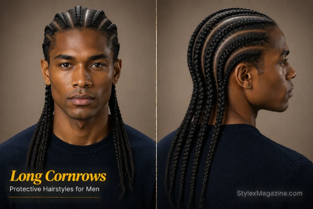 Long cornrow hairstyle for men featuring clean scalp braids extending toward the back with precise braid symmetry.